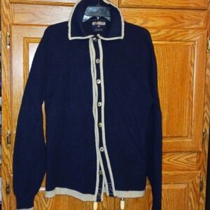Van Heusen 100% Shetland Wool Navy and Cream Cardigan Sweater